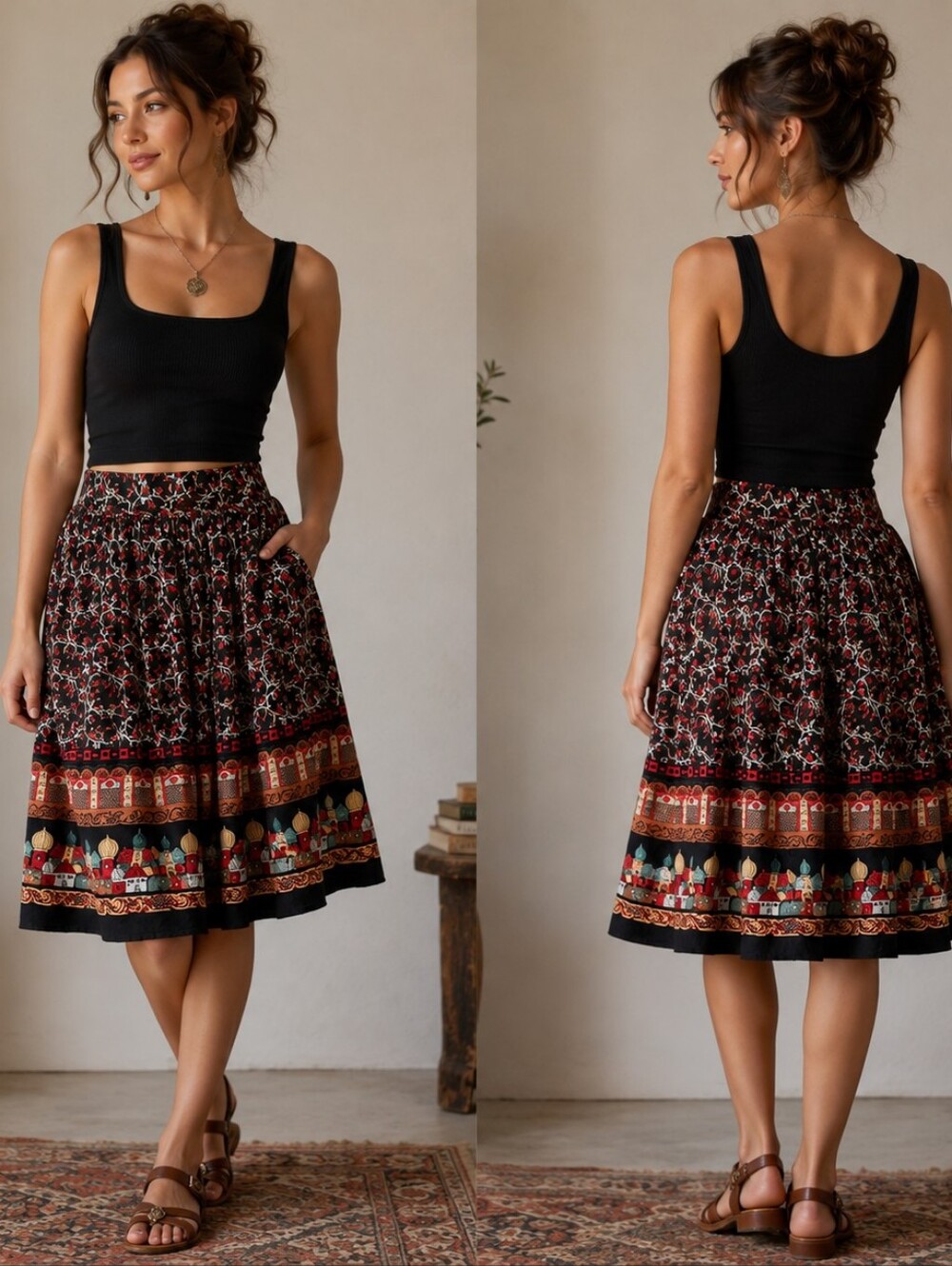 Vintage 90s That's Me Rayon Midi Skirt Boho Border Print S
